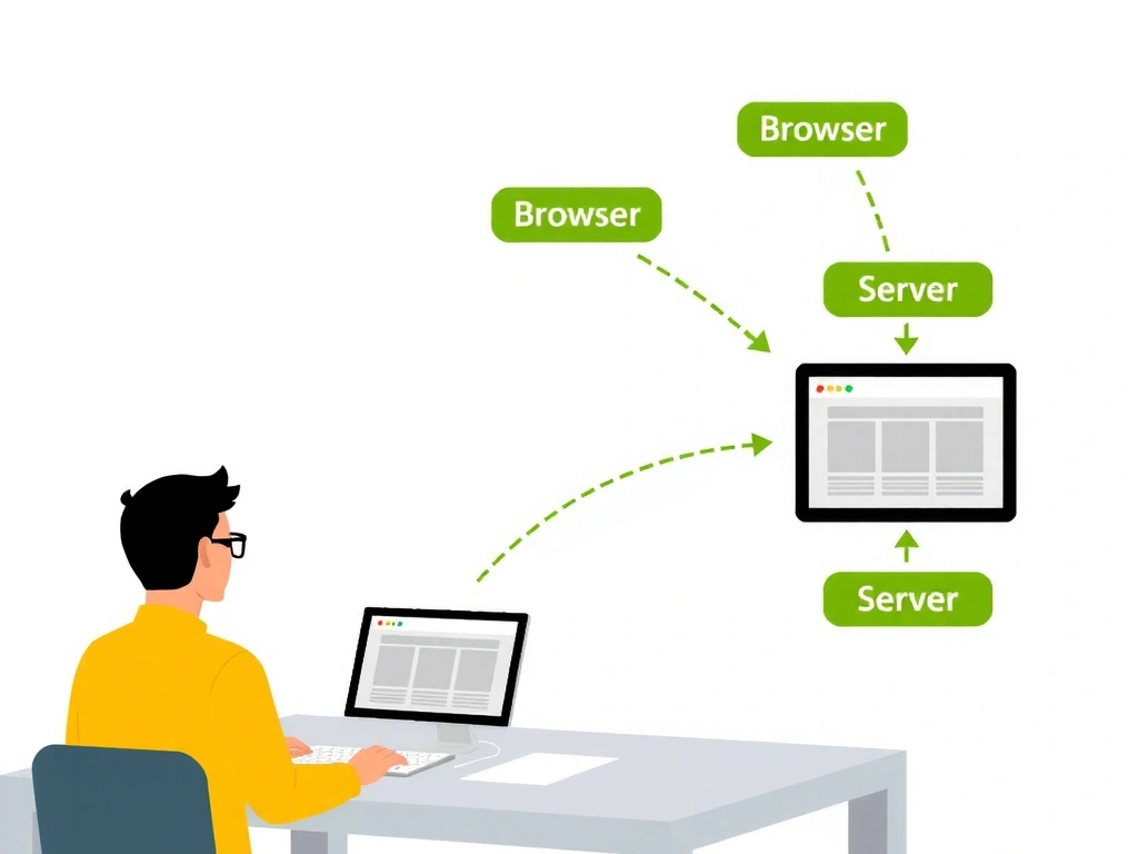 Animace uživatele navštěvujícího webovou stránku, s šipkami znázorňujícími tok dat mezi prohlížečem a serverem.
