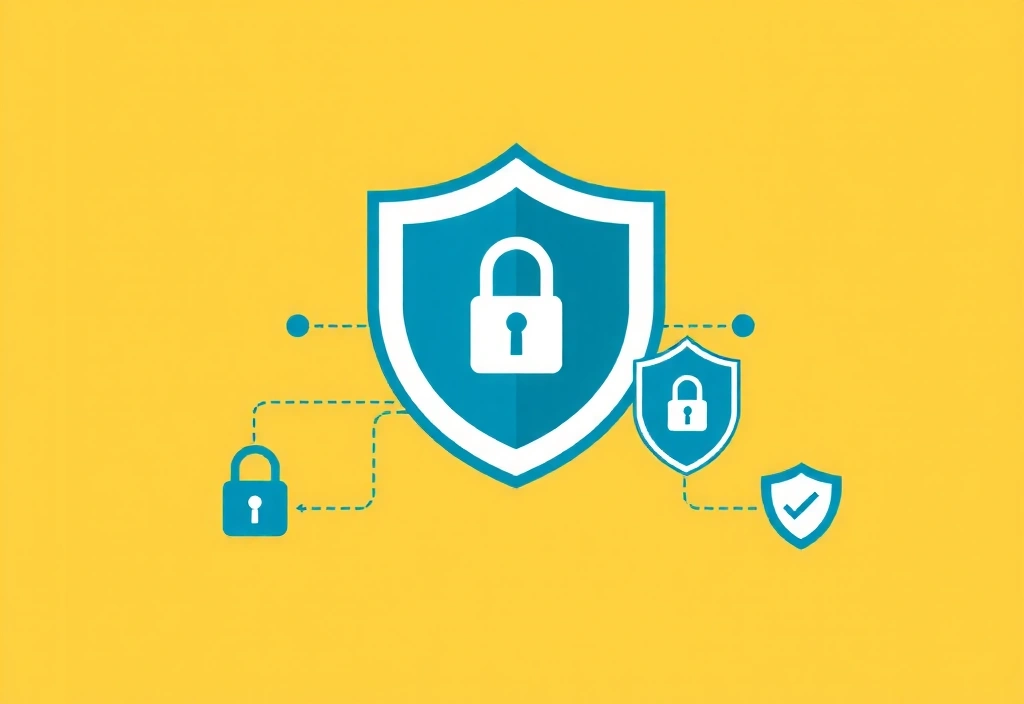 Ilustrace štítu symbolizujícího ochranu soukromí a dat, s ikonami zámku a zabezpečeného připojení.