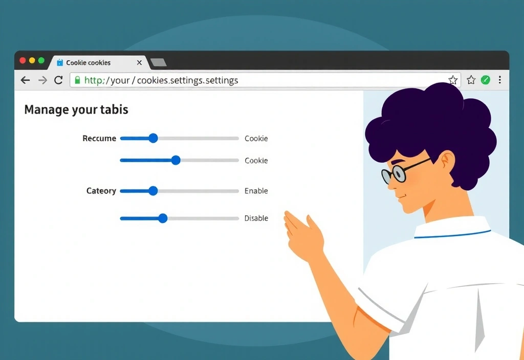 Osoba spravující nastavení souborů cookie v prohlížeči, s posuvníky a přepínači pro povolení/zakázání.