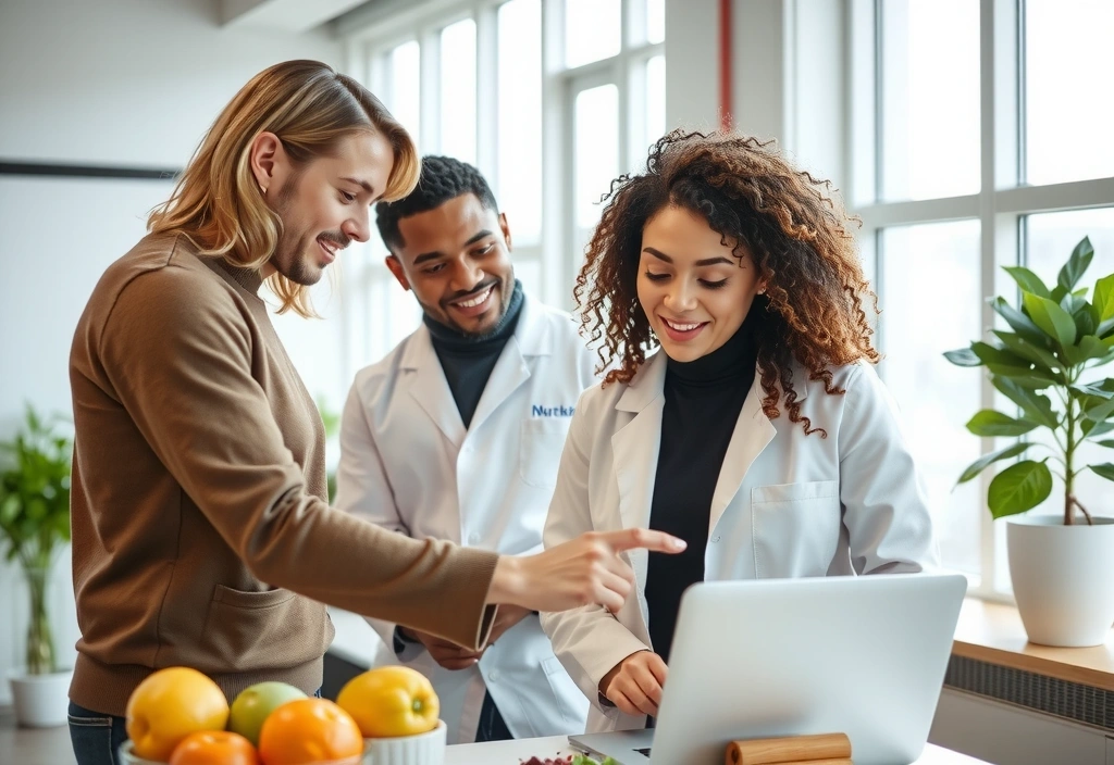 Tým nutričních specialistů diskutujících v moderní kanceláři
