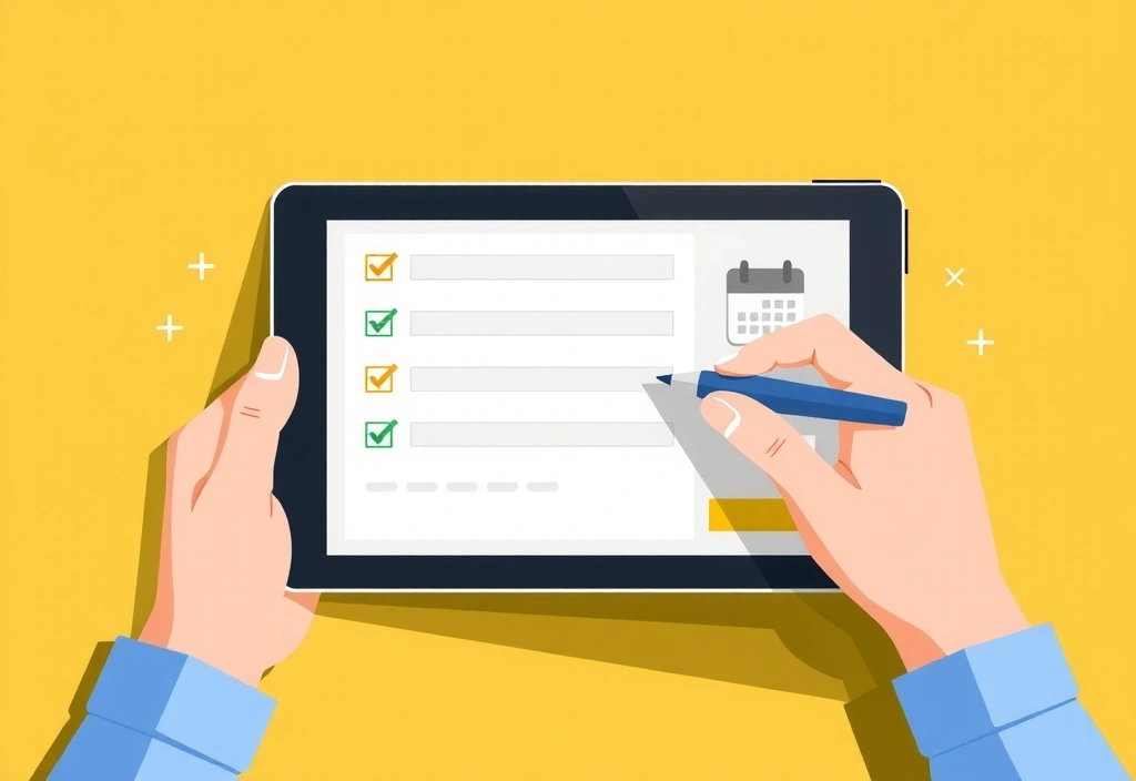 Ilustrace osoby vyplňující formulář na tabletu
