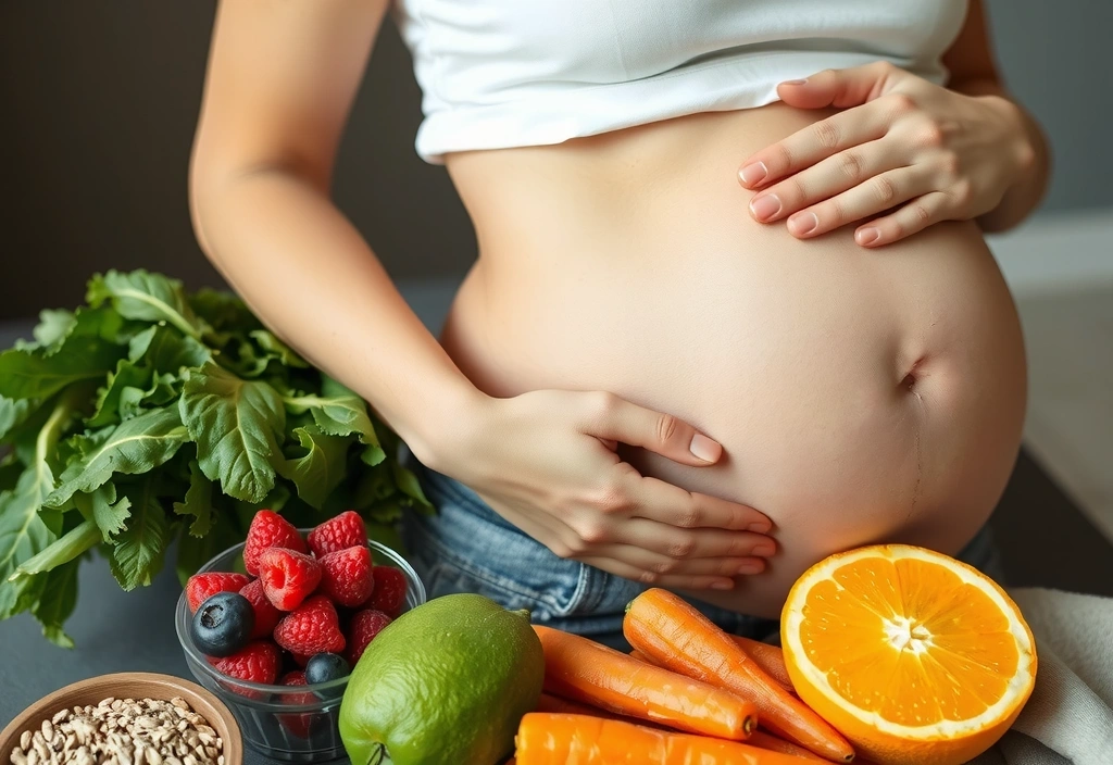 A tender image of a pregnant woman gently touching her belly, surrounded by an array of healthy and nutritious foods like fruits, vegetables, and whole grains, symbolizing healthy eating during pregnancy.