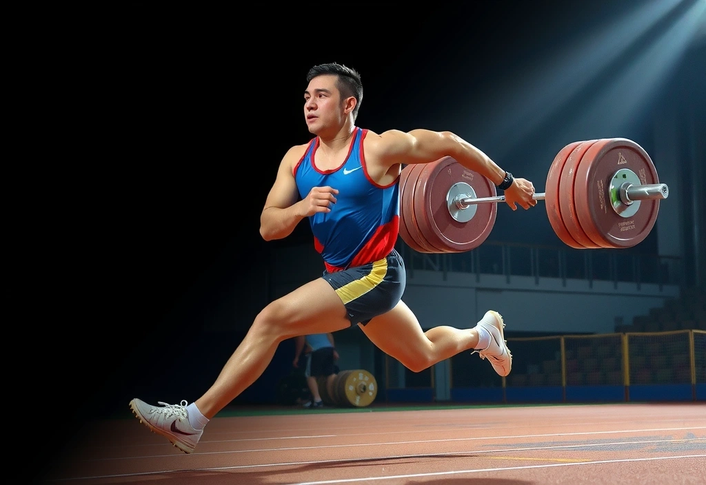 A powerful image of an athlete in motion, such as a runner sprinting on a track or a weightlifter performing a clean and jerk, with dynamic lighting emphasizing energy and peak physical condition.