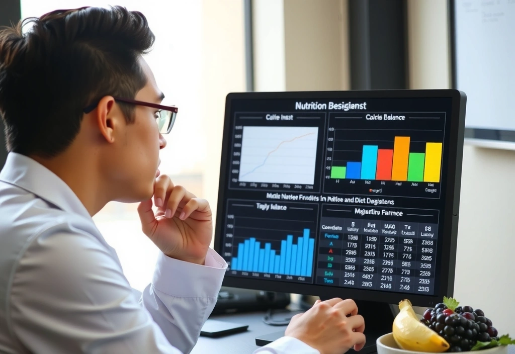 A person intently analyzing data on a computer screen, surrounded by charts and graphs related to nutrition and dietary intake, with healthy food items subtly in the background.
