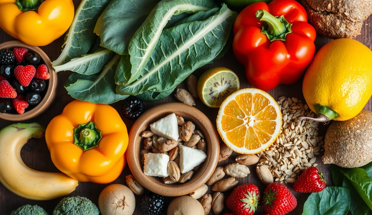 Aesthetic arrangement of various healthy food items including fresh fruits, vegetables, nuts, and grains on a wooden table, suggesting balanced nutrition and natural goodness.